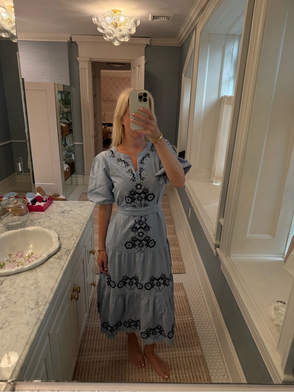 Roberta Roller Rabbit Light Blue Maxi Dress with Black Embroidery